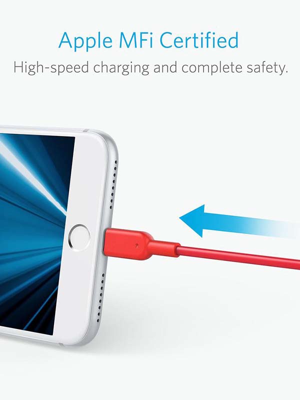 Anker Powerline II Fast Charging Lightning Cable (6ft), Red with Warranty